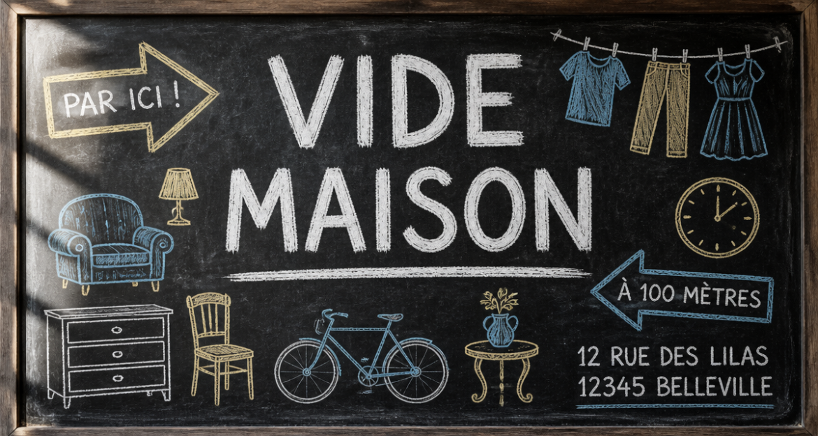 Affiche vide maison : 4 mentions obligatoires et 5 astuces pour attirer les chineurs affiche vide maison tableau noir craie