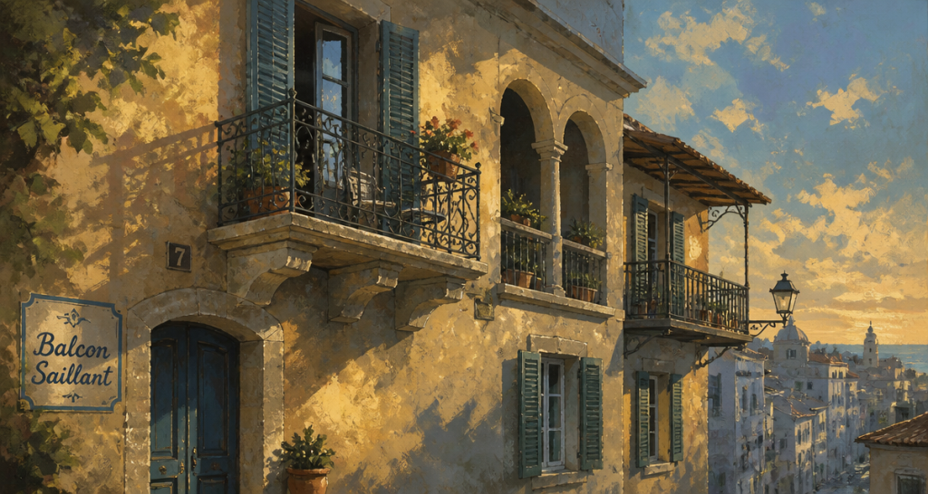 Façade urbaine avec balcon saillant, loggia et balcon couvrant
