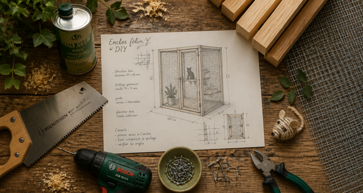 plan enclos chat extérieur à faire soi-même avec outils et matériaux