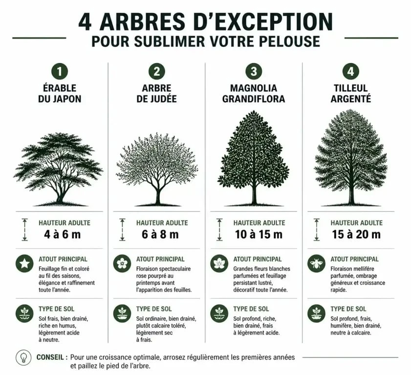 Infographie comparative des meilleurs arbres à planter au milieu d'une pelouse selon la taille et le sol.