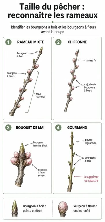 Schéma explicatif des différents types de rameaux pour la taille du pêcher