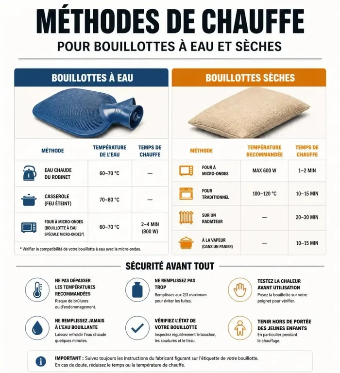 Infographie des méthodes de chauffe et règles de sécurité pour bouillotte à eau et sèche