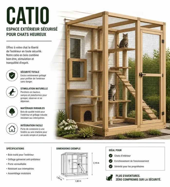 Enclos chat extérieur à faire soi-même avec perchoirs et grillage