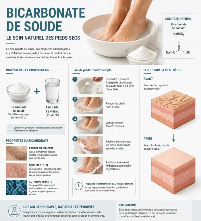 Infographie des bienfaits et étapes du bain de pieds au bicarbonate pour traiter les pieds très secs