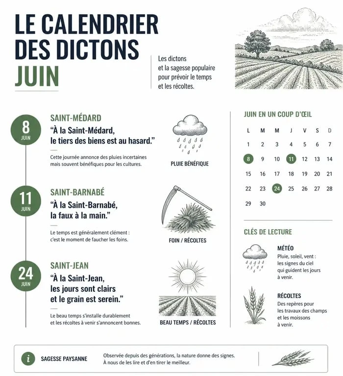 Infographie récapitulative des dictons du mois de juin et leur signification agricole