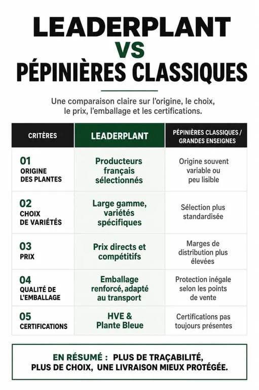 Tableau comparatif des avis et services Leaderplant par rapport aux autres pépinières en ligne pour évaluer la fiabilité avant achat.