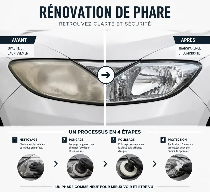 Rénovation de phare de voiture terni : comparaison avant et après nettoyage au dentifrice