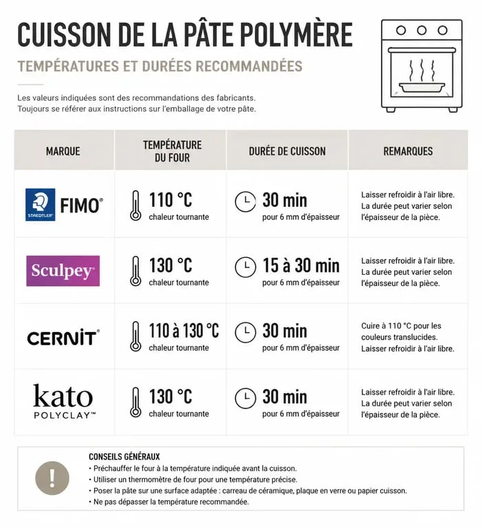 Infographie des températures et durées de cuisson pour la pâte Fimo et autres pâtes polymères