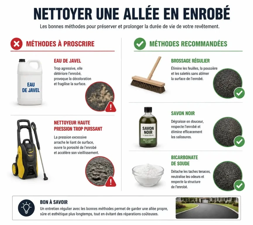 Infographie comparative des méthodes de nettoyage pour enrobé : alternatives à l'eau de javel