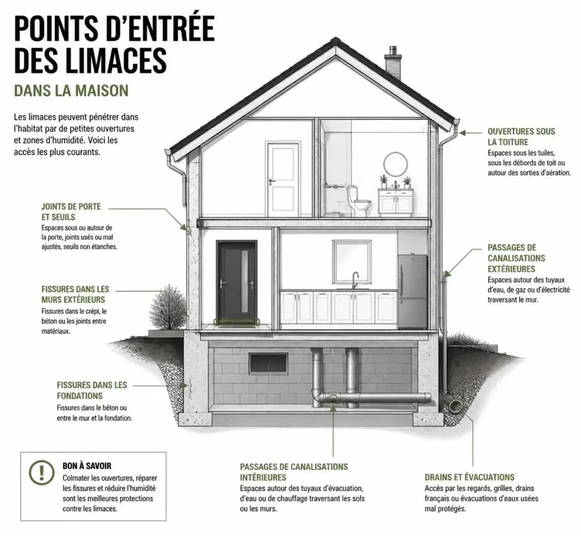 Schéma des points d'entrée des petites limaces noires dans une maison
