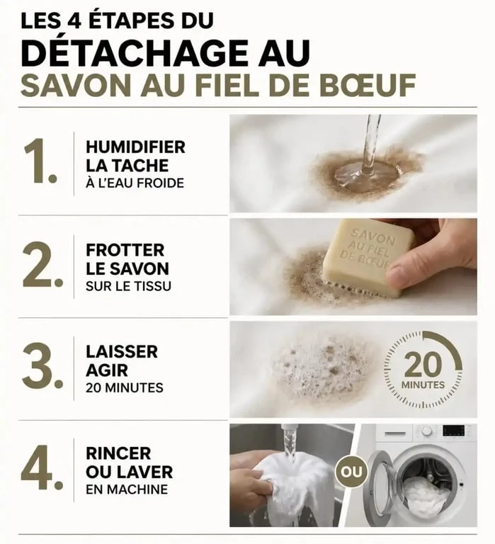 Infographie illustrant les étapes d'utilisation du savon au fiel de bœuf pour détacher le linge