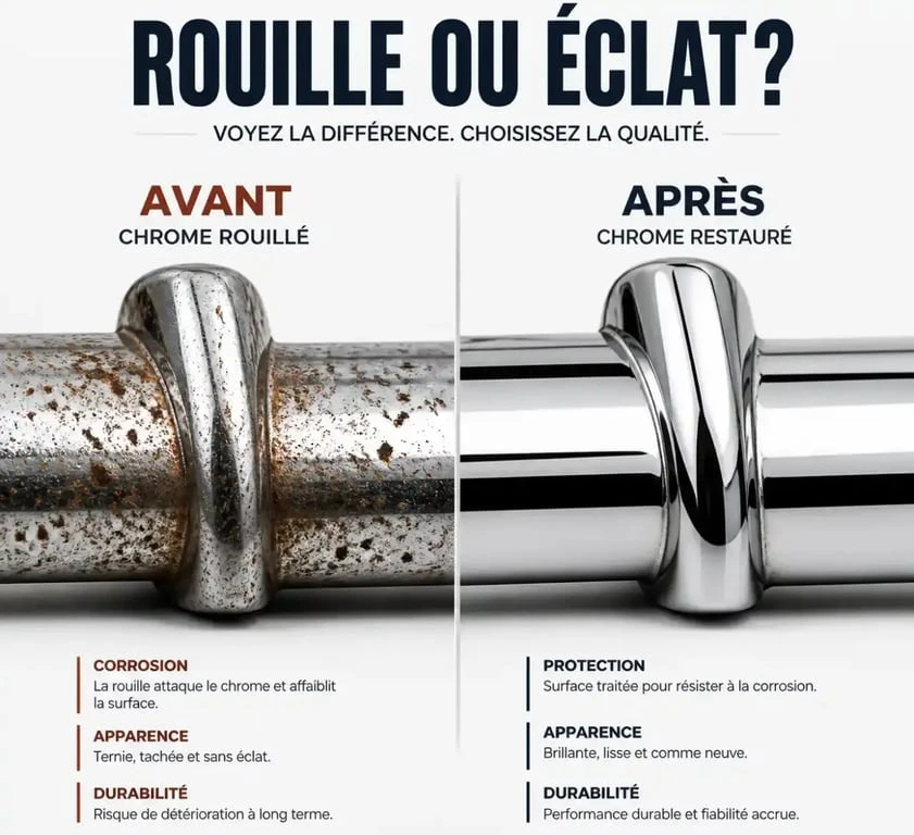 Nettoyage de chrome piqué avant et après restauration
