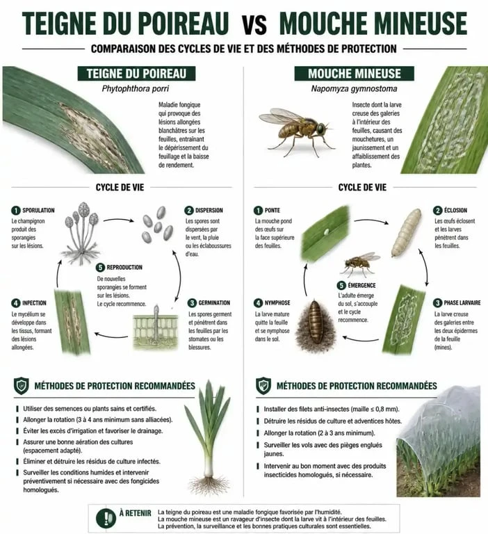 Infographie comparative des ravageurs du poireau : teigne et mouche mineuse, et méthodes de lutte naturelle.