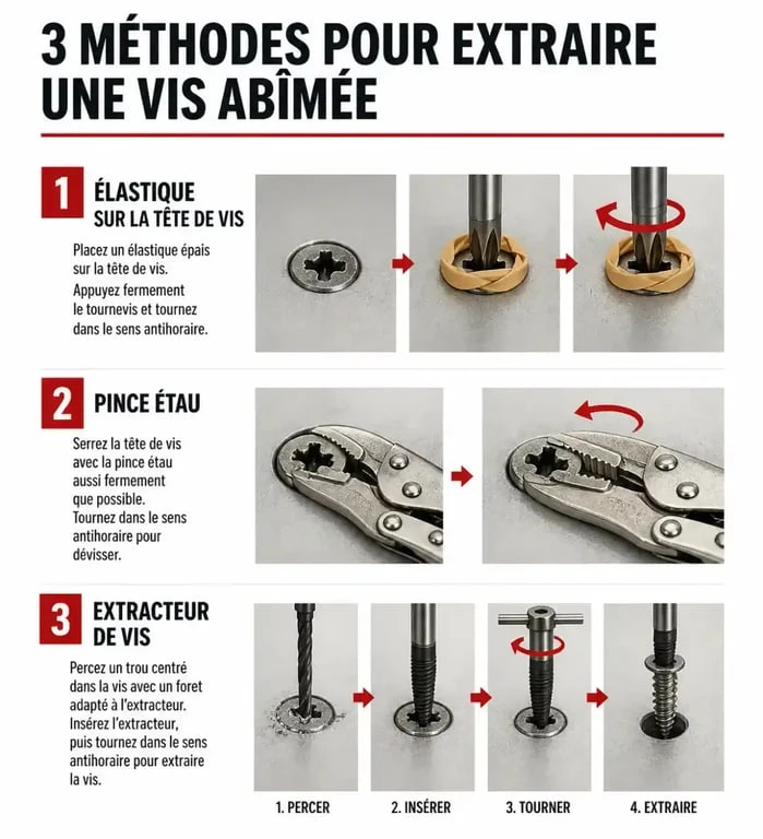 Techniques pour extraire une vis au pas de vis foiré : élastique, pince étau et extracteur