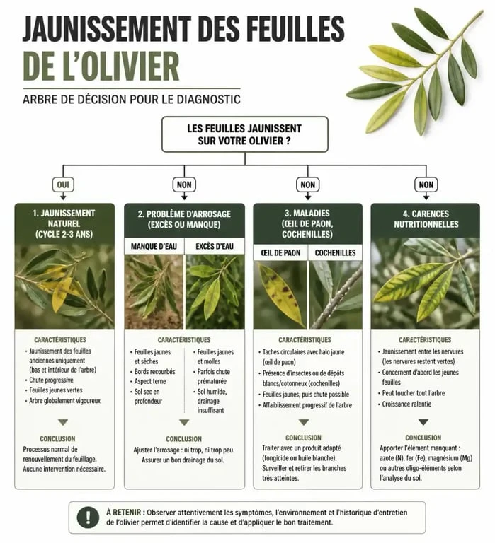 Infographie diagnostic jaunissement feuilles olivier : causes et solutions