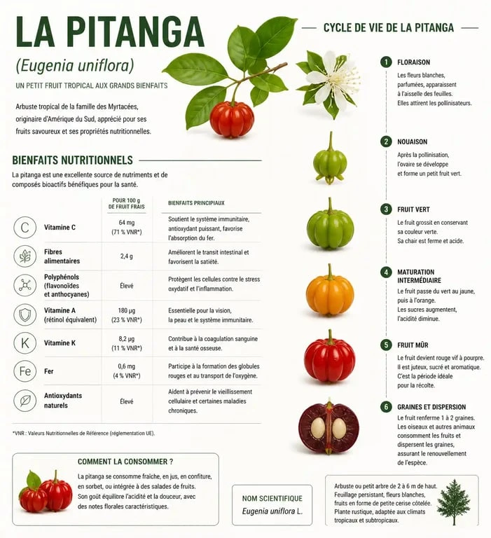 Infographie sur les propriétés nutritionnelles et le cycle de vie de la pitanga (cerise de Cayenne)
