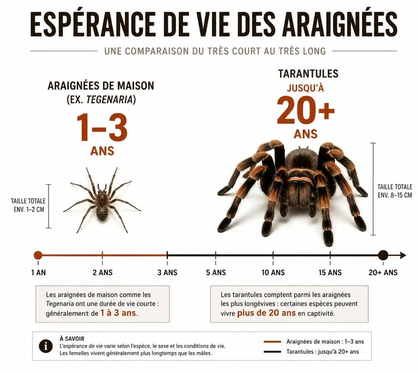 Infographie comparative de la durée de vie des araignées selon les espèces