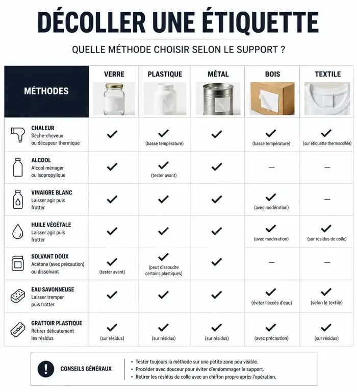 Infographie des méthodes pour décoller une étiquette sur différents supports