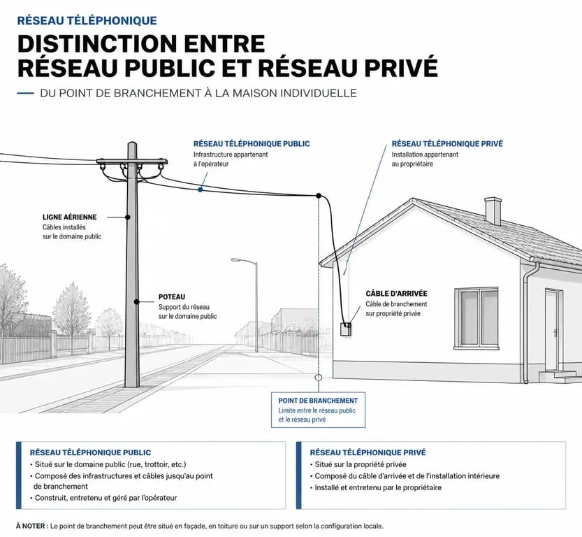 Schéma de distinction entre réseau téléphonique public et privé pour la réparation d'une ligne extérieure