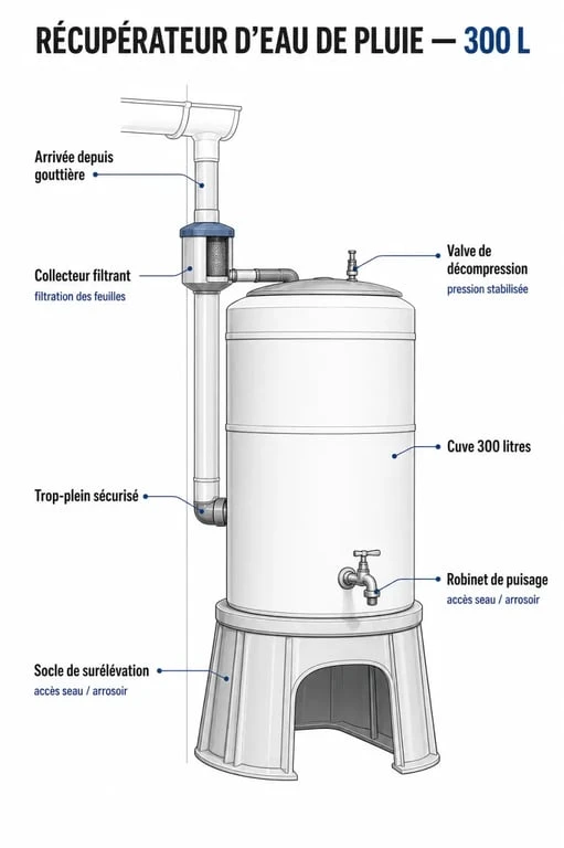 Schéma technique des composants d'un récupérateur d'eau de pluie 300l pour jardin