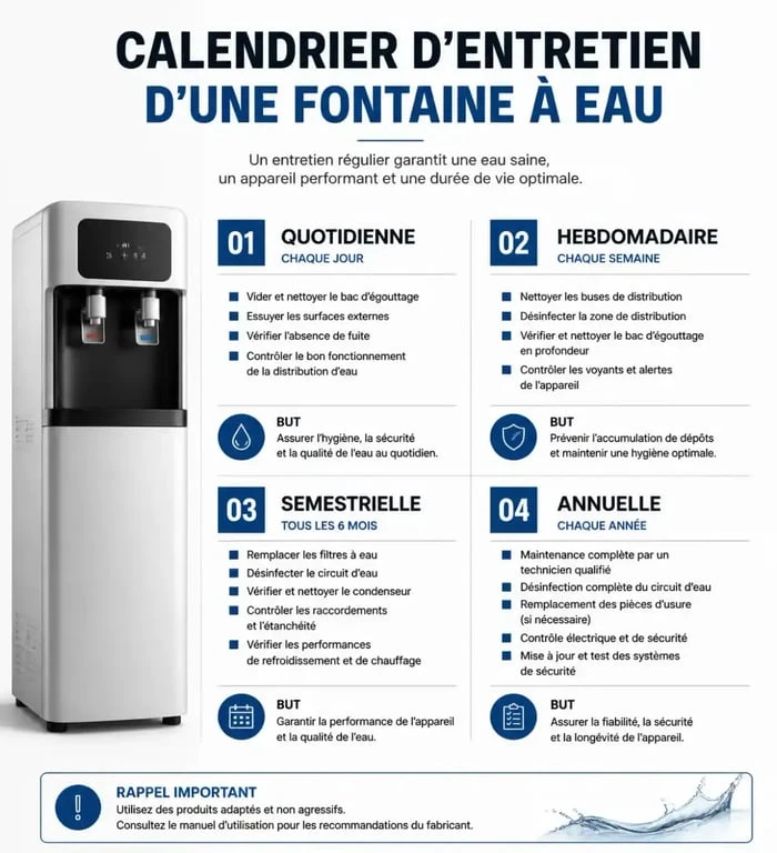 Calendrier d'entretien d'une fontaine à eau : fréquences et actions recommandées