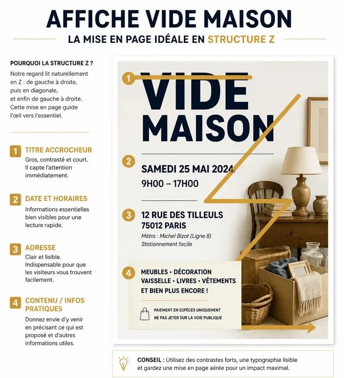 Infographie montrant la mise en page idéale d'une affiche vide maison avec une structure en Z pour une visibilité maximale.