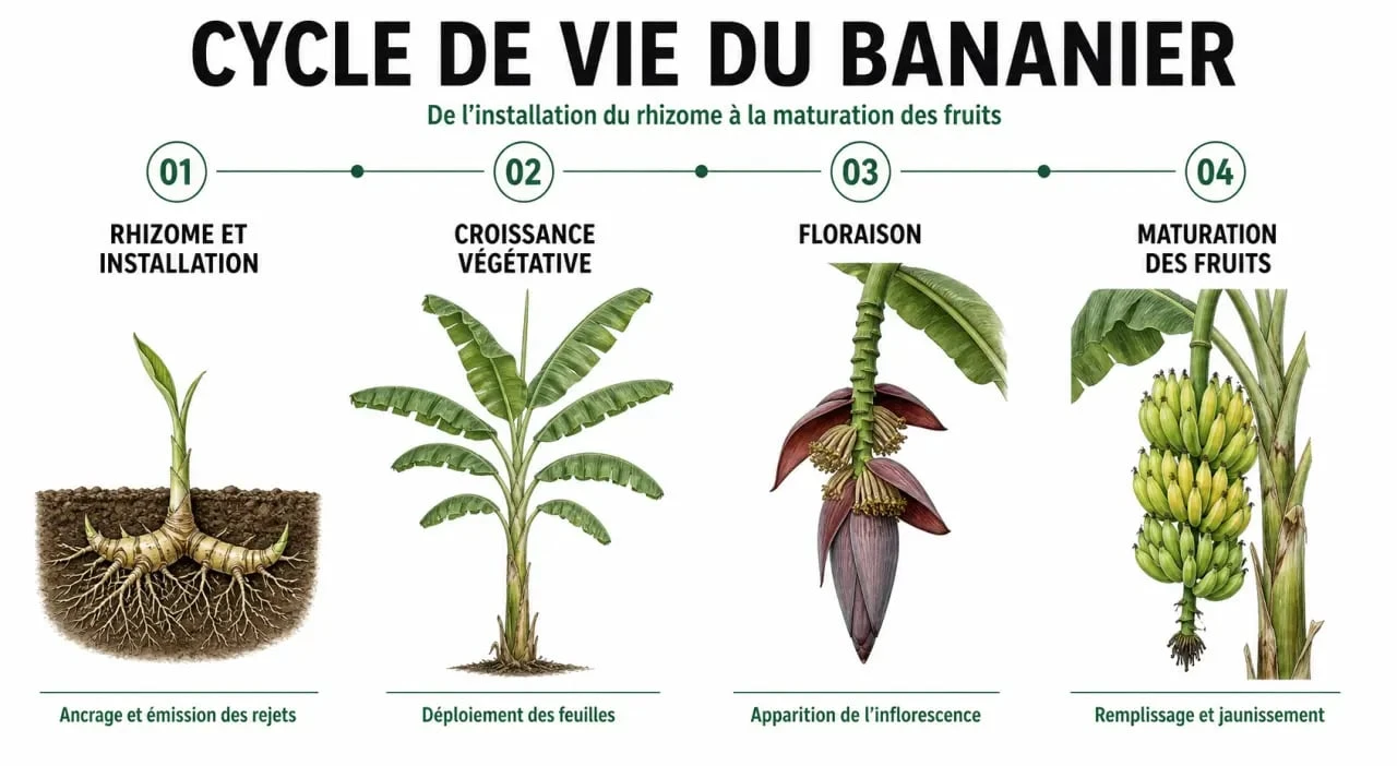 Schéma du cycle de vie du bananier : en combien de temps pousse un bananier de la plantation à la récolte
