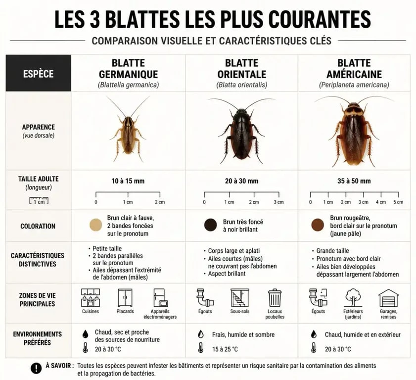 Infographie comparative des espèces de cafards : blatte germanique, orientale et américaine pour identifier une infestation dans la maison.