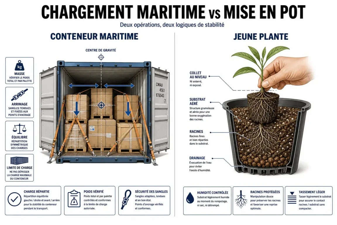 Schéma comparatif illustrant l'empotage en logistique et en horticulture