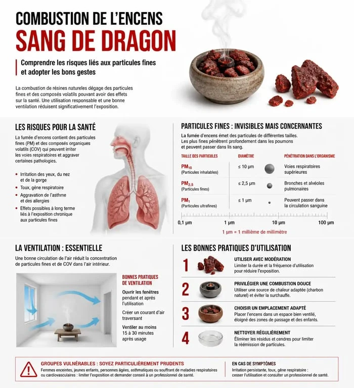 Infographie sur les risques et précautions de l'encens sang de dragon pour la santé respiratoire