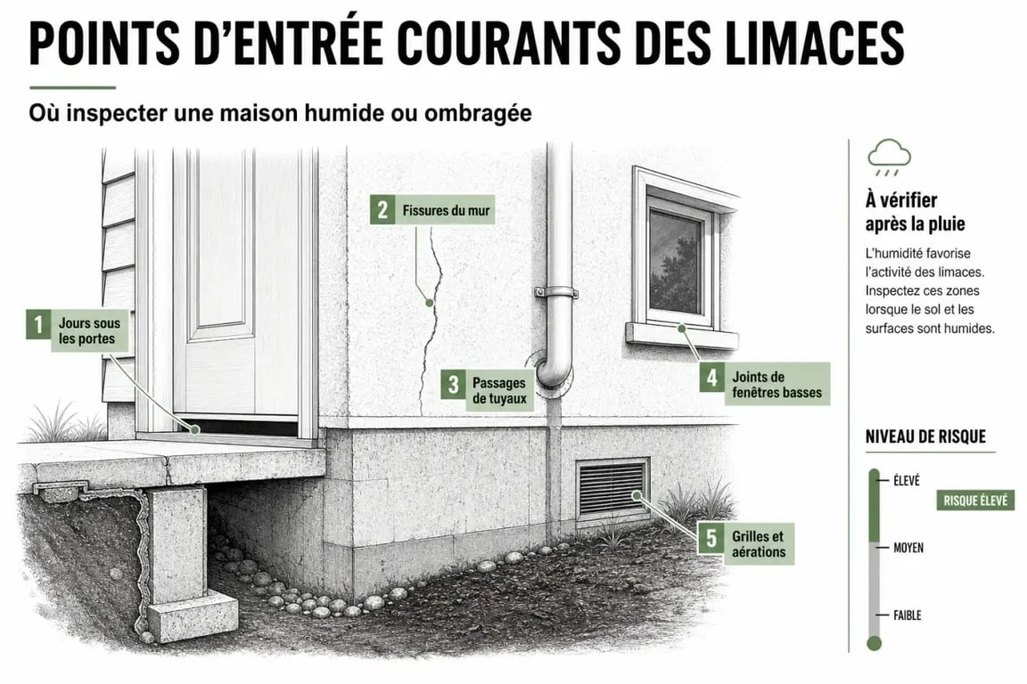 Infographie des points d'entrée des limaces dans la maison pour prévenir les invasions