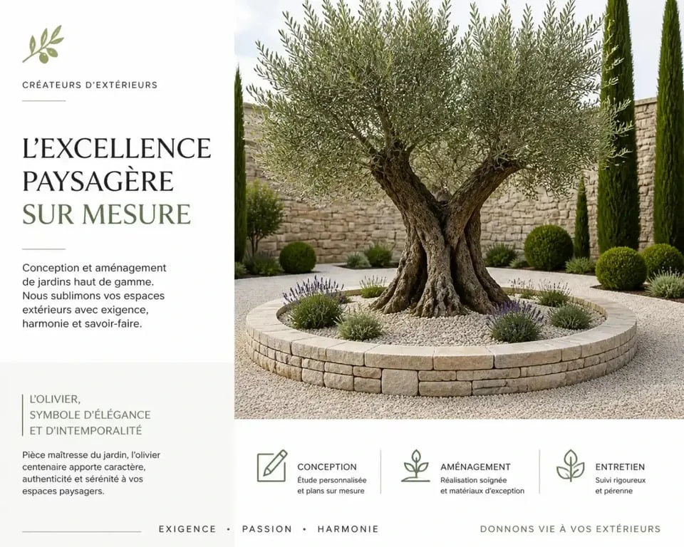 Aménagement paysager avec une bordure en pierre naturelle autour d'un olivier dans un jardin