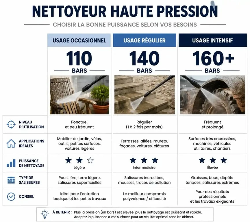 Infographie des paliers de puissance pour nettoyeur haute pression Karcher selon l'usage