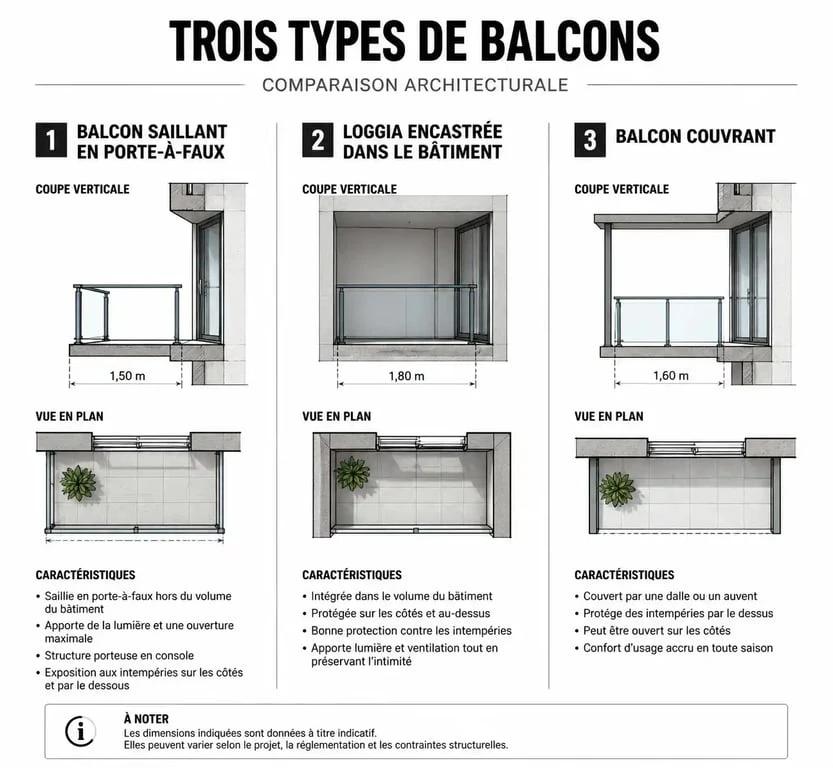 Schéma comparatif entre balcon saillant, loggia et balcon couvrant pour comprendre les différences architecturales