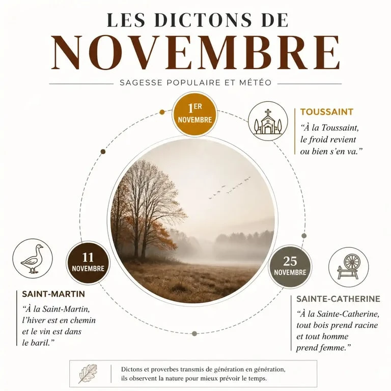 Infographie récapitulative des principaux dictons de novembre et leur signification météorologique et agricole