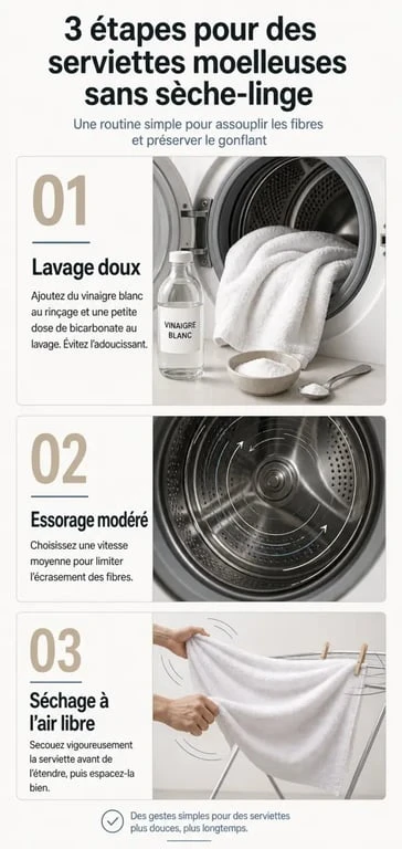 Infographie des étapes pour avoir des serviettes de toilette moelleuses sans sèche-linge