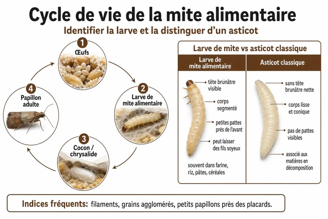 Infographie explicative sur l'identification des larves de mites alimentaires au plafond et leur cycle de vie
