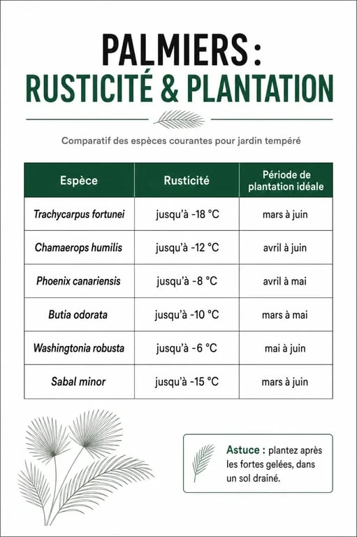 Tableau comparatif des espèces de palmiers, rusticité et période de plantation idéale pour réussir la plantation d'un palmier