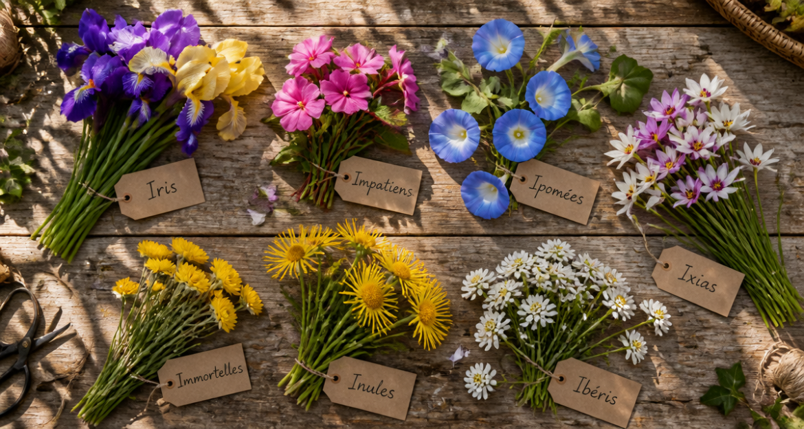 Fleurs en i sur table de jardin