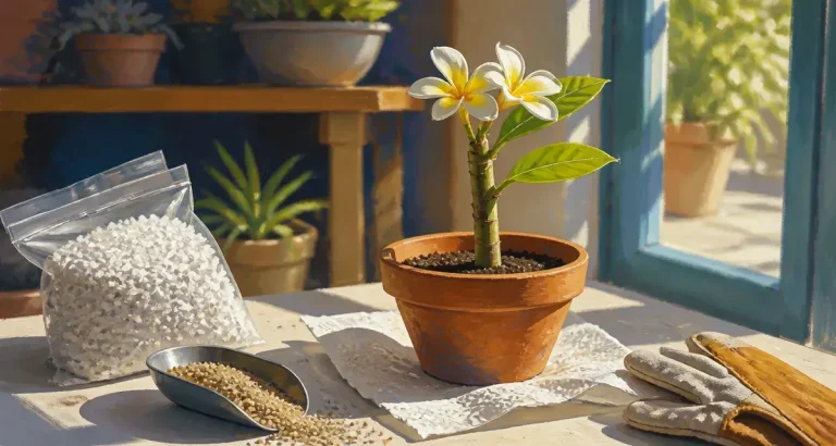 Fleurs frangipanier : bouture de frangipanier en pot, lumière méditerranéenne