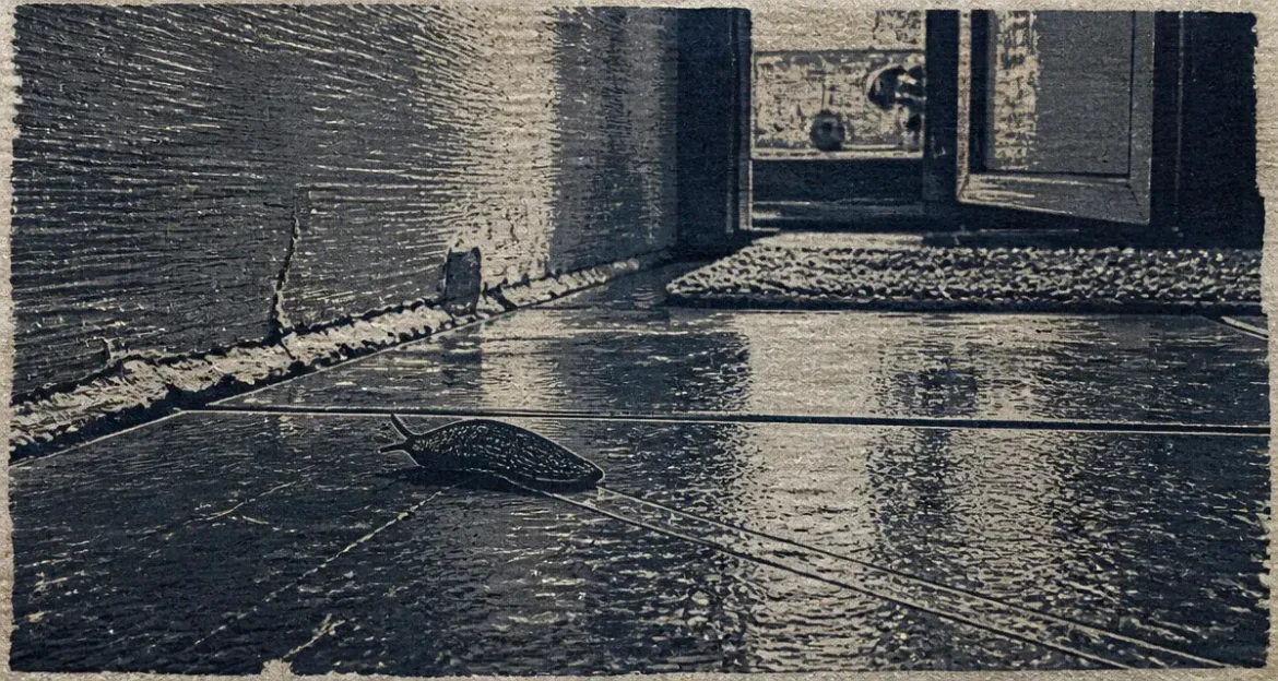 Petite limace noire maison sur carrelage humide, traînée de mucus