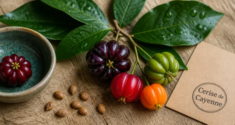 Pitanga, cerise de Cayenne mûre et feuilles d’eugénia, fruits multicolores.