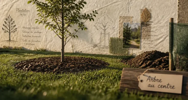 Quel arbre planter au milieu d'une pelouse : jeune arbre solitaire au centre d’une pelouse