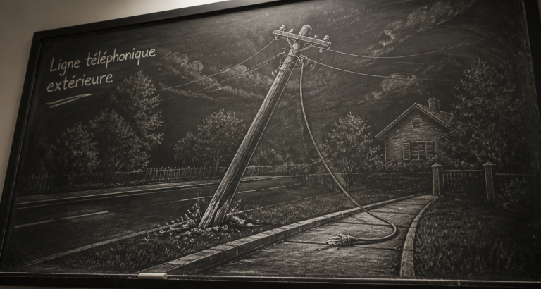 réparation ligne téléphonique extérieure poteau penché câble tombé