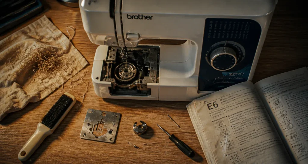 Réparer machine à coudre Brother : machine ouverte, canette et code E6, nettoyage