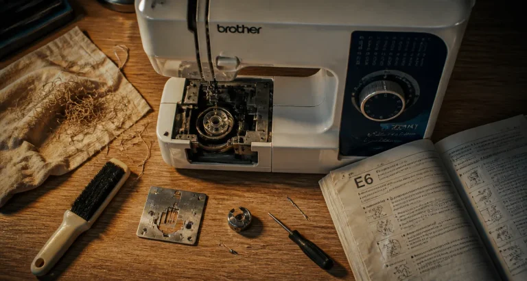 Réparer machine à coudre Brother : machine ouverte, canette et code E6, nettoyage