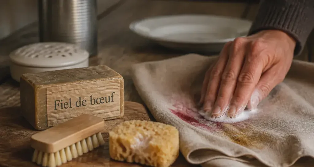 Savon fiel de boeuf utilisation : frotter une tache de vin rouge et graisse sur lin beige