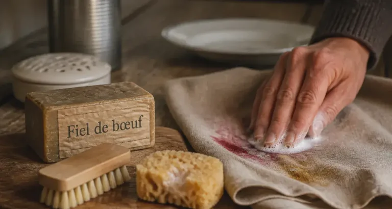 Savon fiel de boeuf utilisation : frotter une tache de vin rouge et graisse sur lin beige
