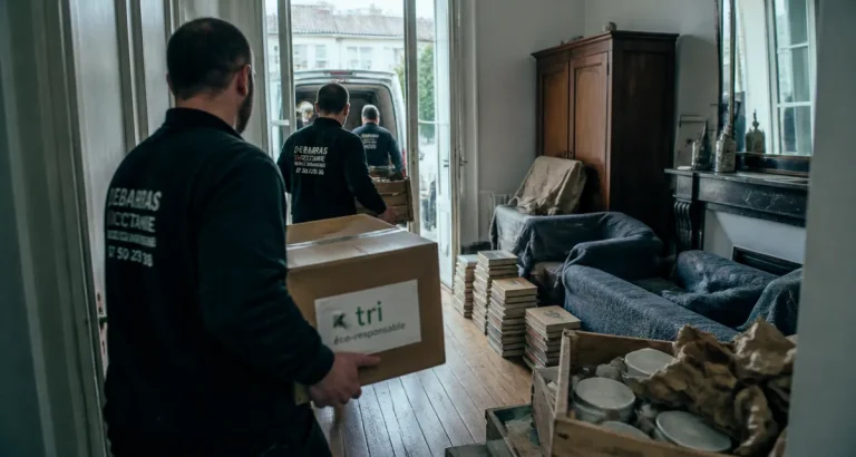 Vide maison Tarbes : équipe de débarras portant cartons de tri
