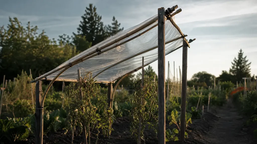 Abri tomates fait maison ouvert avec toit transparent inclinée